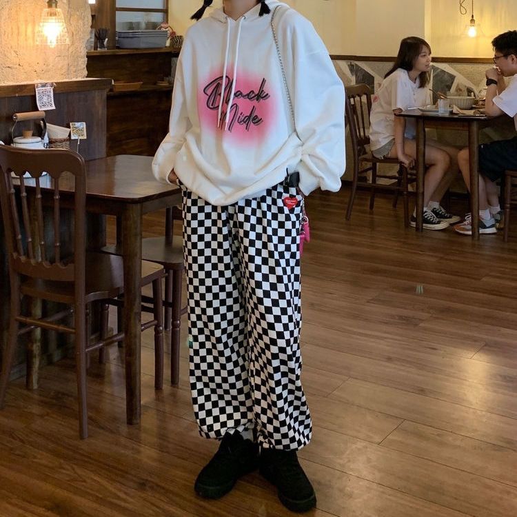 Black and white plaid casual pants women's  summer new loose Korean version straight wide-leg pants drawstring trousers women