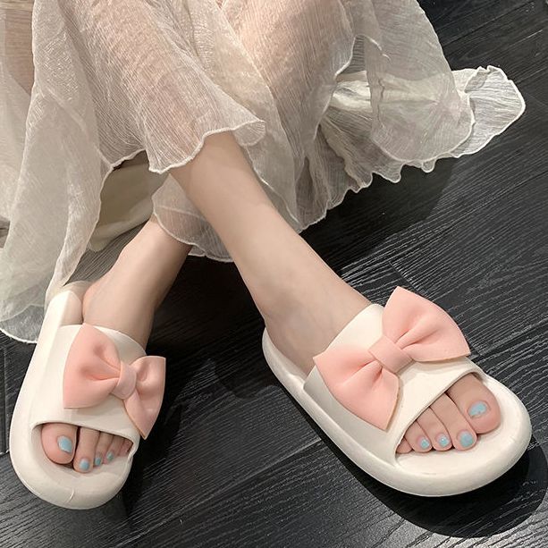 拖鞋夏女外穿溫柔風蝴蝶結辦公室簡約軟底耐磨回頭率高平底一字拖
