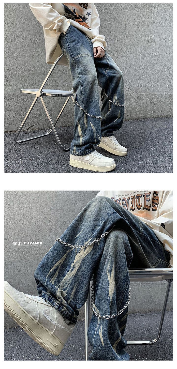 Herren Jeans Loose Fit Gerade Geschnitten Modische Freizeithose_voghion.com