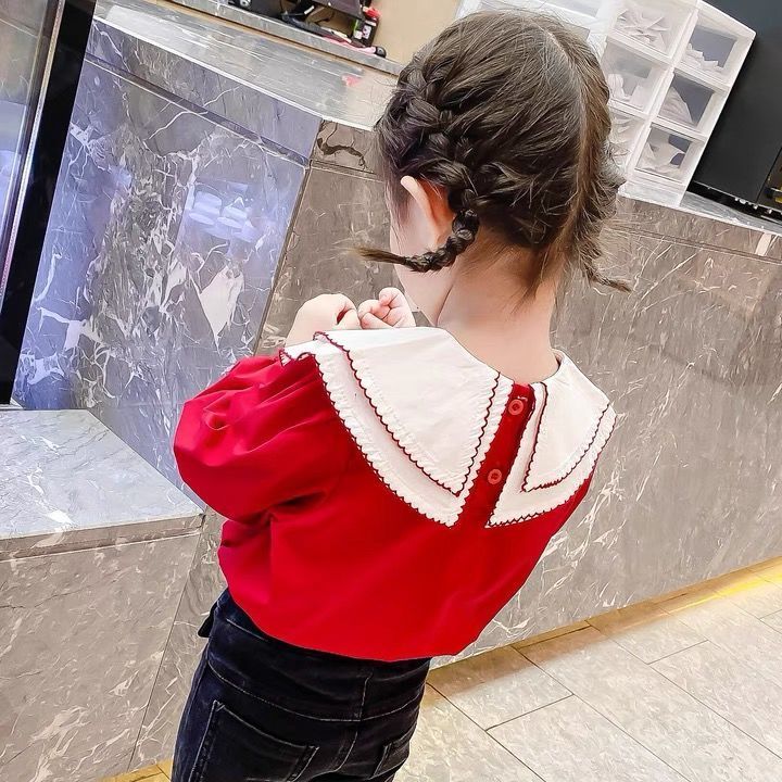 2021 Girls Spring and Autumn New Lapel Doll Red Solid Color Top Baby Spring and Autumn Bottom Shirt Xiaoxiang Style