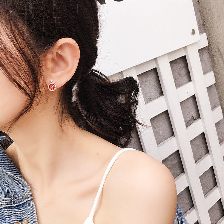 时尚韩版西柚水果耳钉女纯银气质学生可爱简约个性耳环耳饰品潮