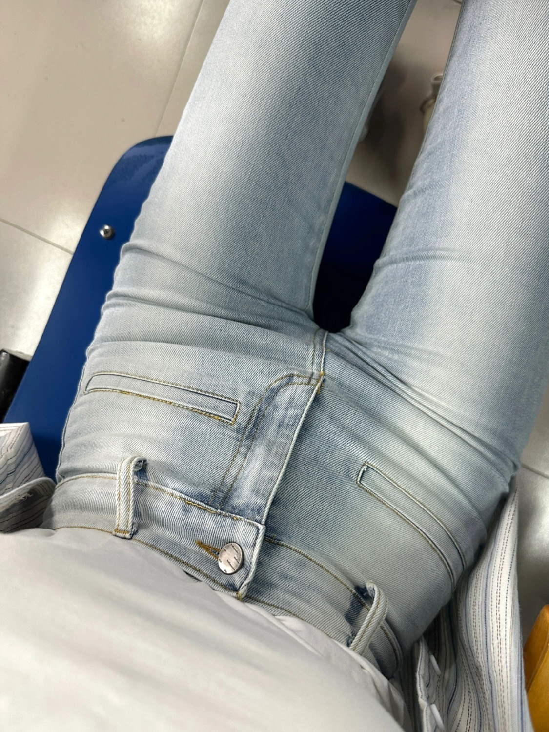 Tall longer version retro light blue micro-flared jeans for women autumn high-waist elastic slim slimming horse hoof pants