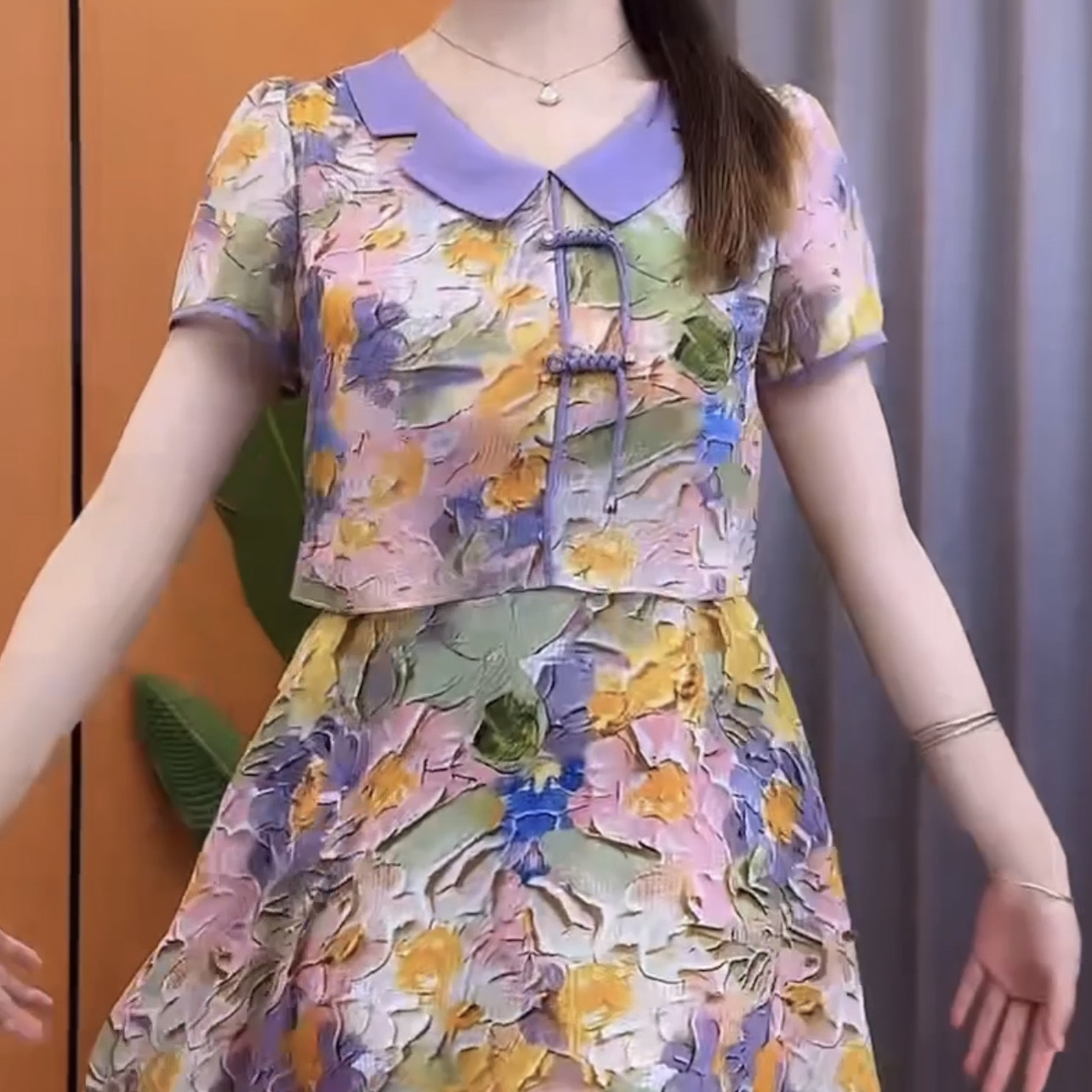 高檔輕羽絲假兩件套連衣裙2023新款女裝夏娃娃領遮肚顯瘦淑女裙子