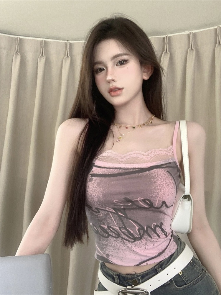 甜辣妹粉色蕾絲花邊上衣女夏季性感外穿內搭法式小眾印花吊帶背心