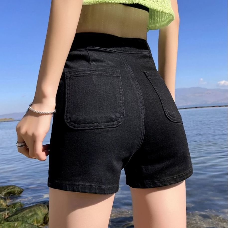 Net red black denim shorts women 2023 summer high waist slimming tight elastic straight a-line wide-leg ins hot pants