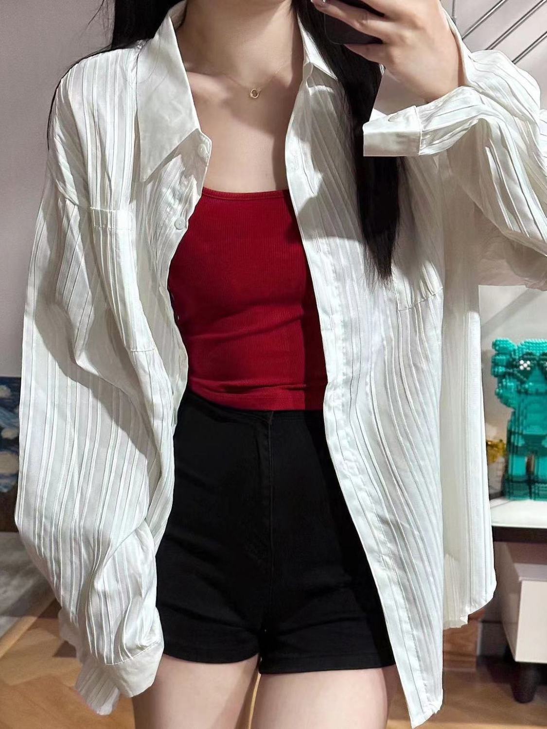 2023夏季純白色薄款防曬襯衫外穿女時尚氣質寬鬆百搭條紋襯衣開衫