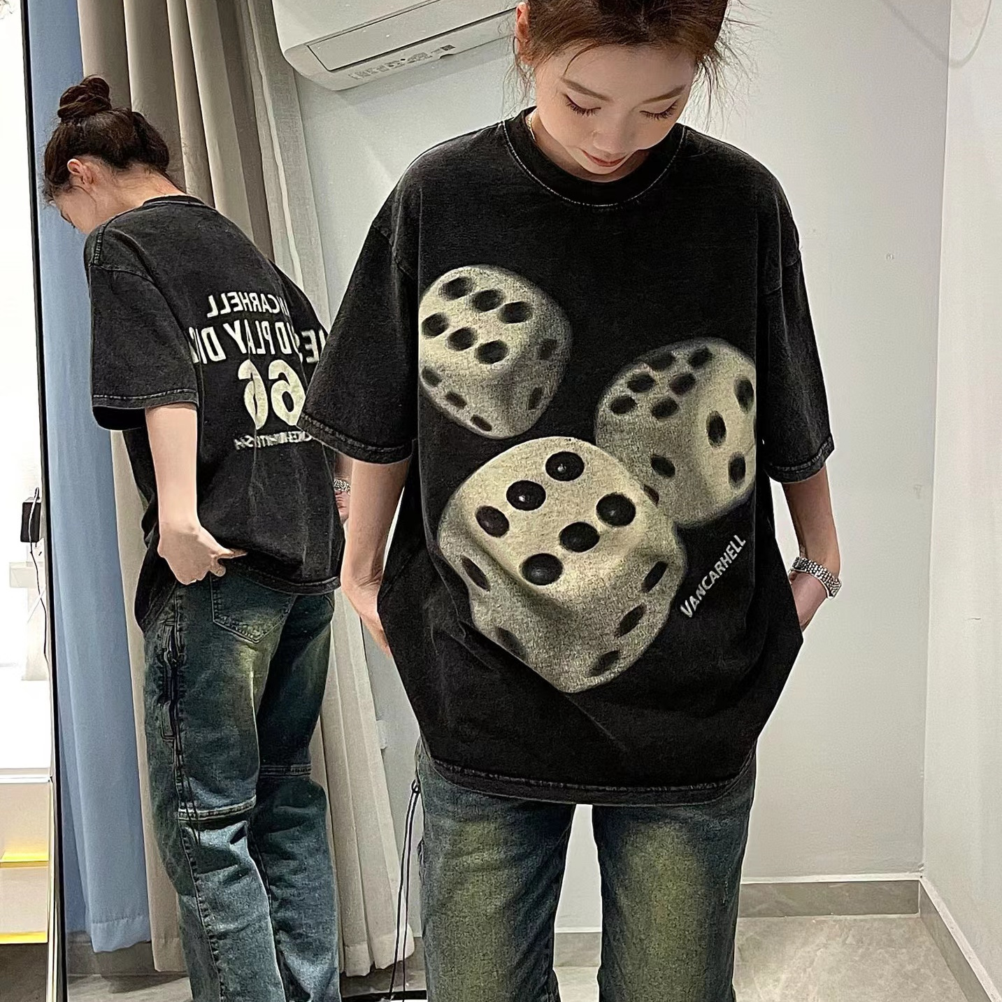 100%純棉小眾潮牌復古做舊水洗短袖t恤女男情侶骰子印花寬鬆嘻哈
