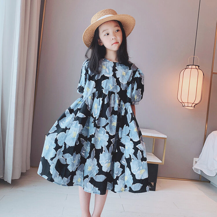 女童碎花連衣裙2022新款夏季中大童寬鬆裙子洋氣泡泡袖兒童公主裙