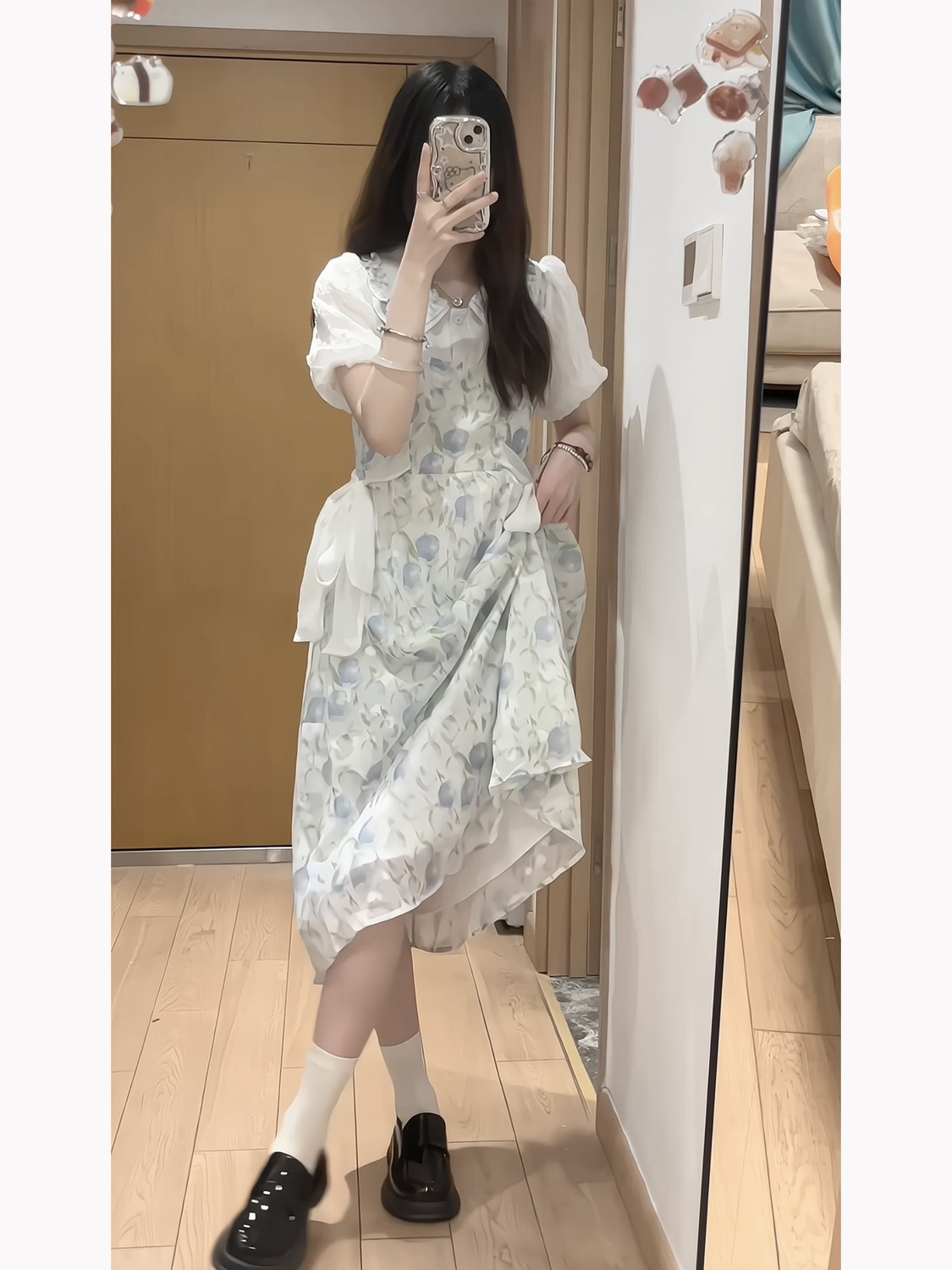 College style fake two-piece doll collar floral dress girl student Japanese sweet tie waist waist age reduction A-line skirt