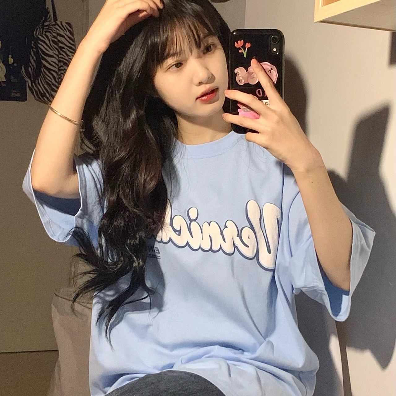 Milk blue salt short-sleeved female print  summer new Korean version loose college style sweet cool top T-shirt ins