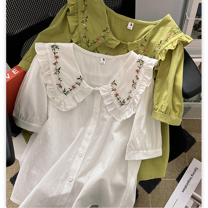 夏季新款法式甜美減齡刺繡娃娃領白色襯衫女短袖寬鬆大碼百搭上衣