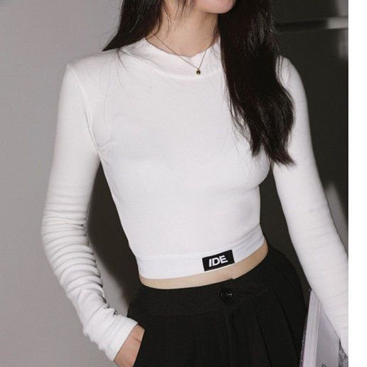Spring and autumn thin section tight-fitting all-match half-high collar long-sleeved t-shirt female students short high-waist mid-collar bottoming shirt winter