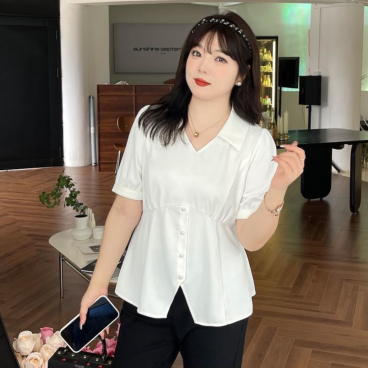 胖mm大碼女裝法式小眾襯衫v領上衣女夏季新款不規則遮肉收腰小衫