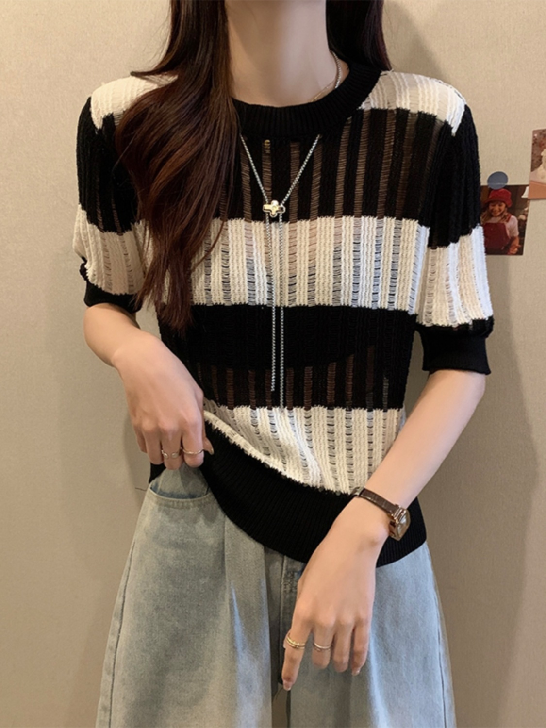 Front shoulder t-shirt plus size women's summer short-sleeved French fat sister striped belly-covering thin knitted ice silk Tibetan meat top