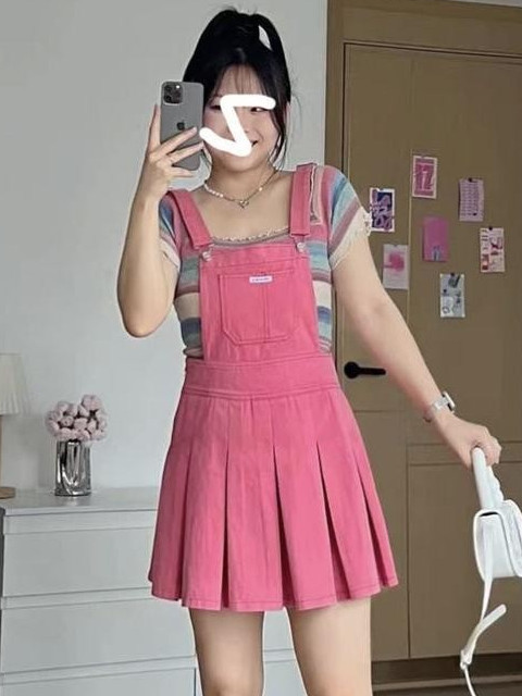 大碼設計感方領百搭條紋T上衣女夏季胖mm粉色甜心辣妹背帶裙套裝
