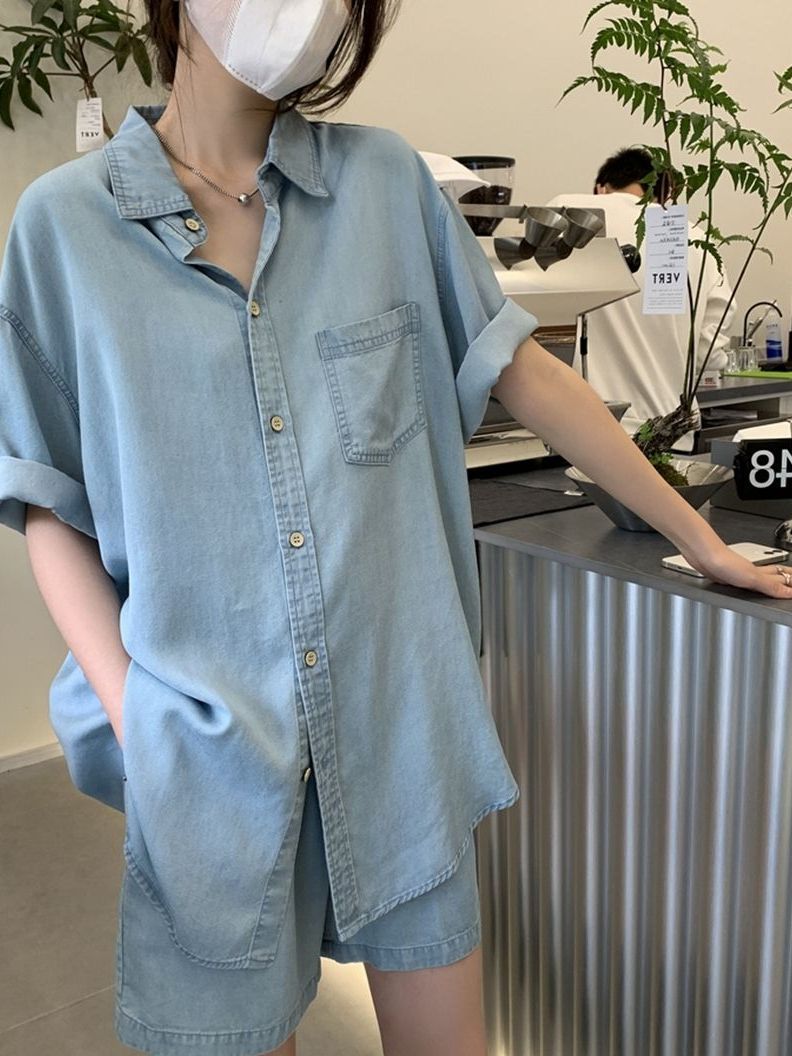短袖牛仔襯衫套裝女夏季韓系減齡薄款寬鬆休閒短褲子時尚兩件套潮