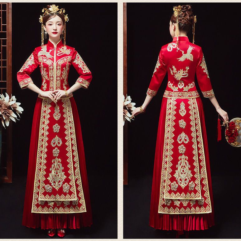 秀禾服新娘结婚礼服中式嫁衣复古改良旗袍裙龙凤褂红色新娘装长款