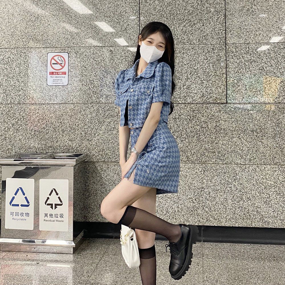 Two-piece suit/one-piece summer new fashion retro niche houndstooth short coat side high slit skirt