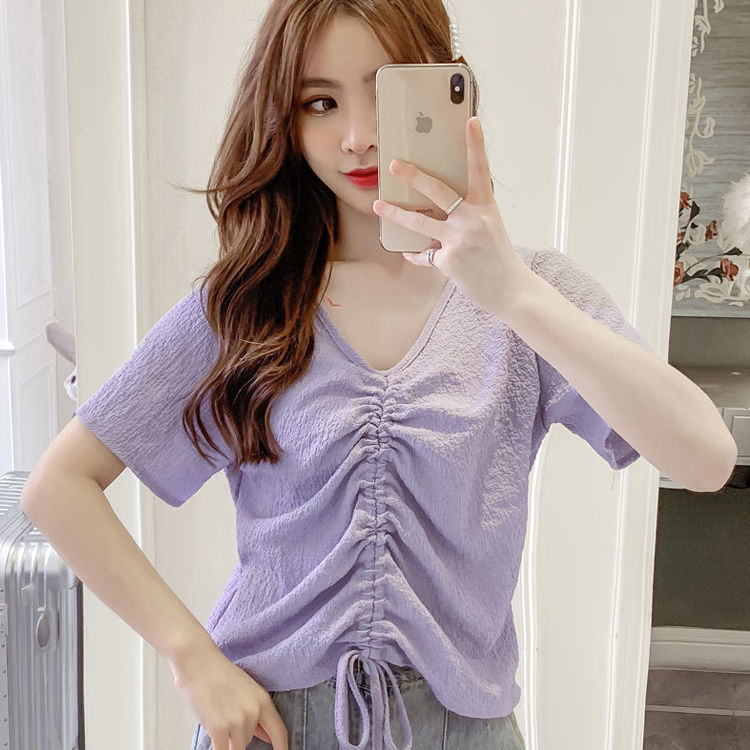 Chiffon top women's summer design niche French chic V-neck drawstring bubble wrinkle shirt sweet short-sleeved T-shirt trendy