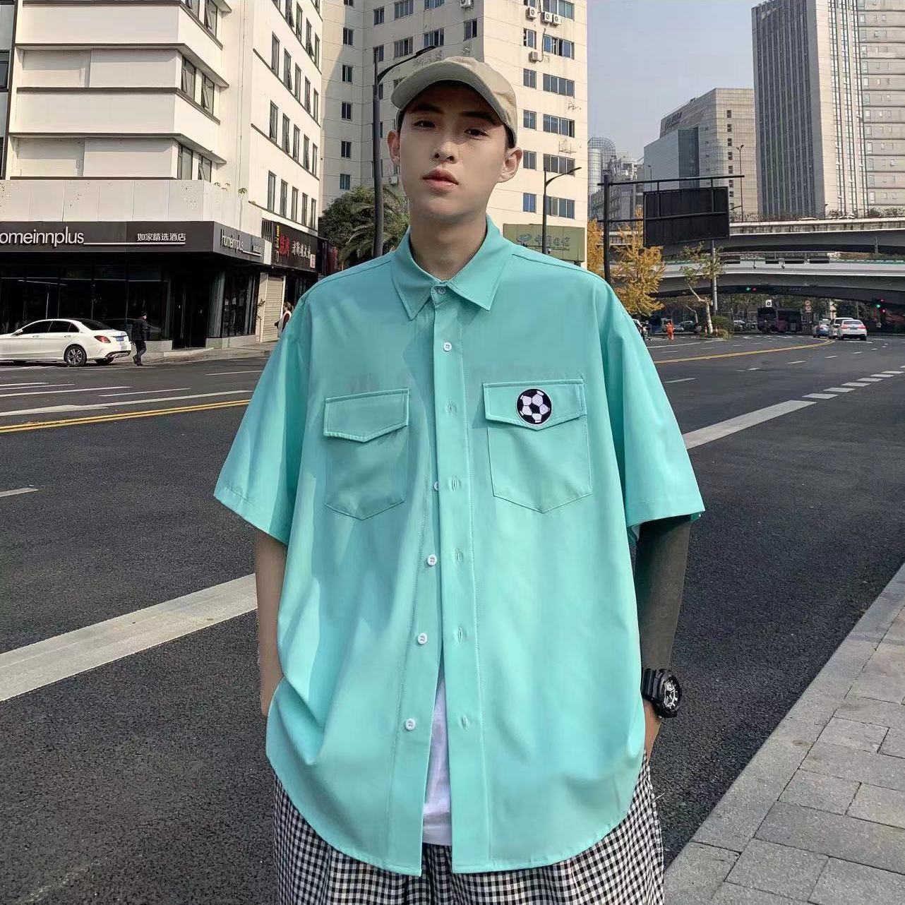 Hong Kong style solid color short sleeve shirt men's summer fashion brand ins loose and versatile ruffian handsome shirt coat thin style niche