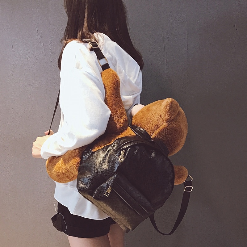 包包2022新款潮双肩包个性毛绒小熊背包韩版动物形学院风学生书包